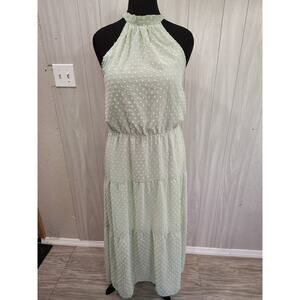 PrettyGarden Women’s L Dress Maxi Halter Top Green Swiss Dot Flowy Fairy Cottage